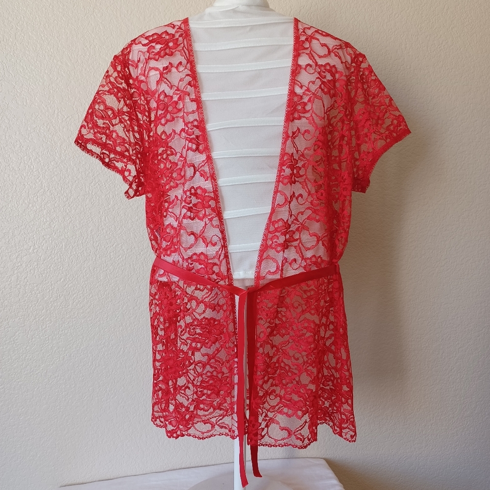Vintage Lace Cover Up Lingerie Robe Satin Ribbon Alana Gale One Size Red EUC